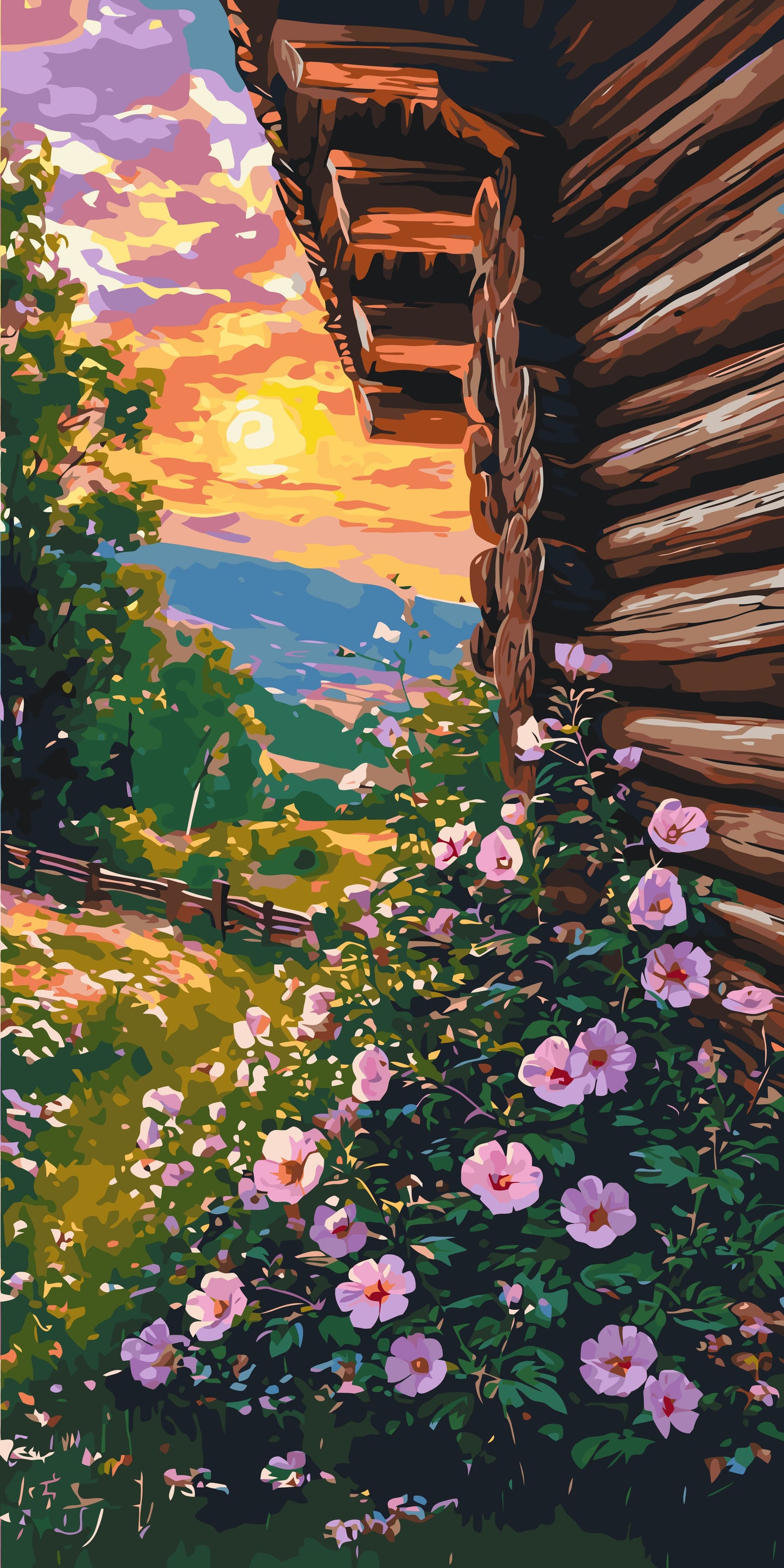 Malowanie po numerach 40×80 cm – Kwiatowy letni wieczór – Pejzaż/Kwiaty – LW 5114