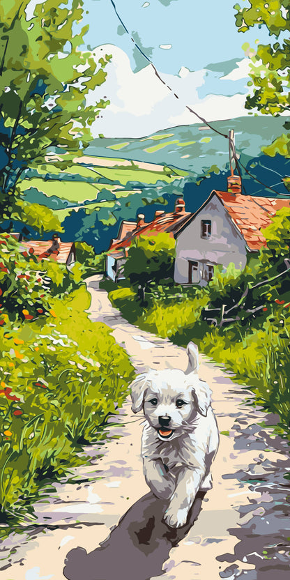 Malowanie po numerach 40×80 cm – Szczęśliwy szczeniak – Zwierzęta/Pejzaż – LW 5165