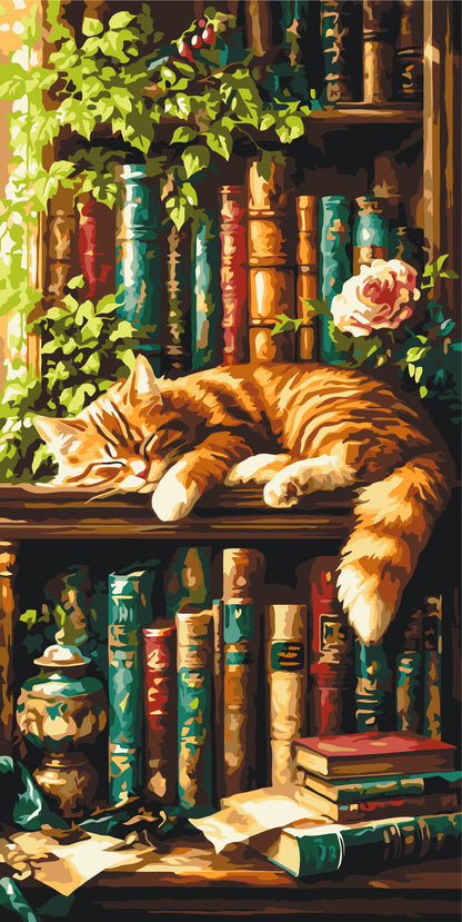Malowanie po numerach 40×80 cm – Kot bibliotekarza – Zwierzęta/Pejzaż – LW 5221