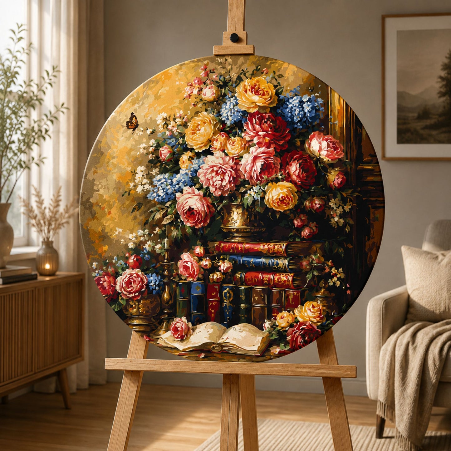 Okrągłe malowanie po numerach Ø45 cm – Kwiaty/Martwa natura – Biblioteka z różami – OR 2031