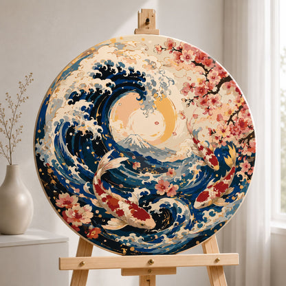 Okrúhle maľovanie podľa čísel Ø45 cm Krajinka. Koi kapry a Veľká vlna pri Kanagawe OR 2038